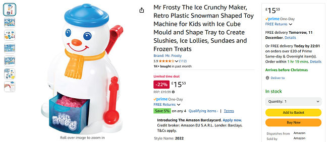 Screenshot showing Mr Frosty The Crunchy Ice Maker for £15.53 at Amazon