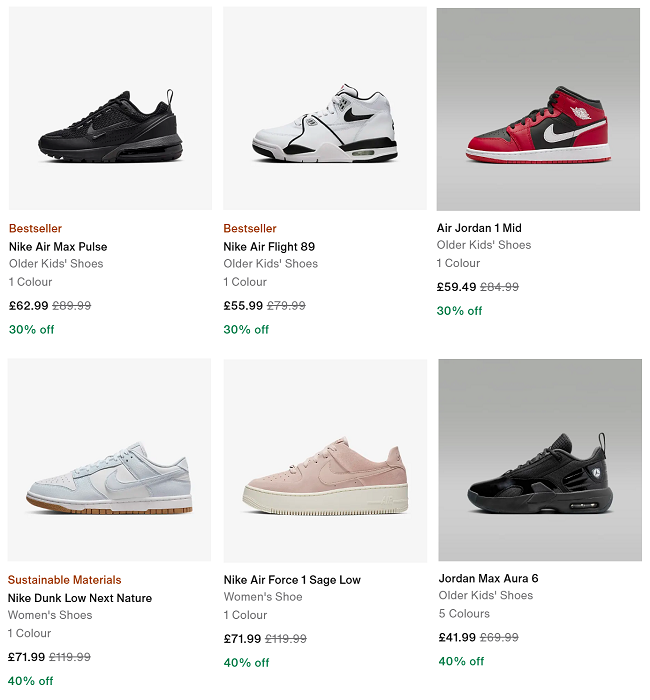 Screenshot showing sale items at Nike