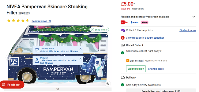 Screenshot showing Nivea Pampervan Skincare Stocking Filler for £5 at Argos