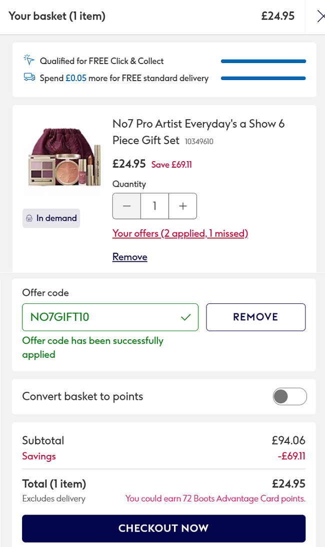 Screenshot showing online shopping basket with No7 gift for £24.95 with code at Boots