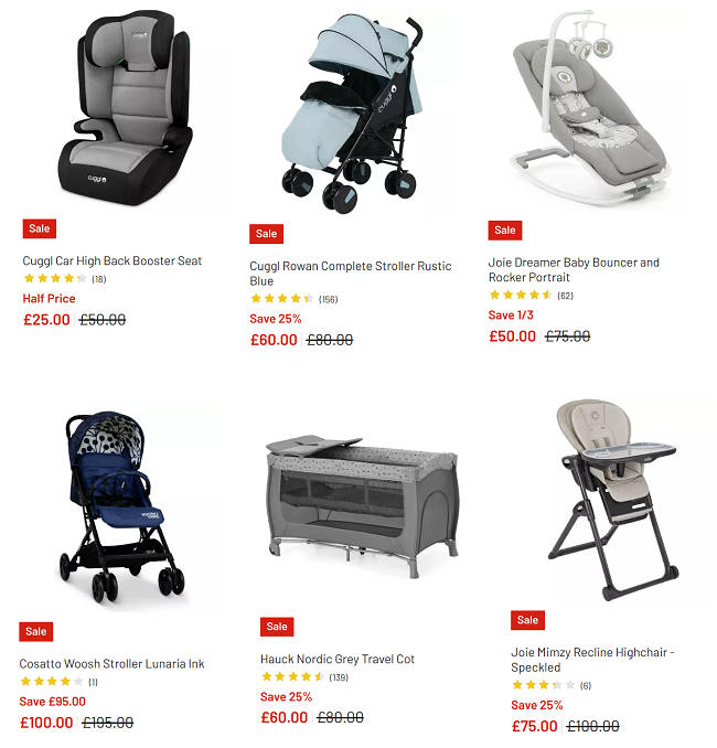 Screenshot showing reduced nursery sale items at Argos