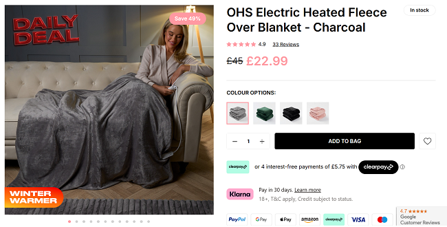 Screenshot showing OHS Electric Heated Fleece Over Blanket Charcoal for £22.99 at Online Home Shop