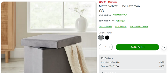 Screenshot showing Matte Velvet Cube Ottoman for £8 at Dunelm
