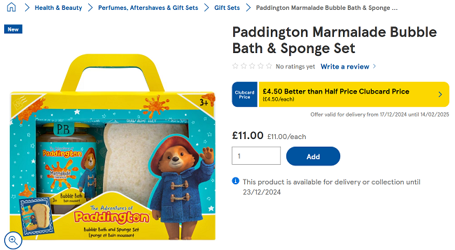 Screenshot showing Paddington Marmalade Bubble Bath & Sponge Set for £4.50 at Tesco