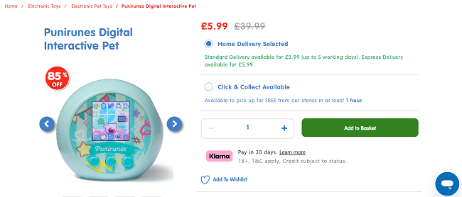 Screenshot showing Punirunes Digital Interactive Pet for £5.99 at The Entertainer
