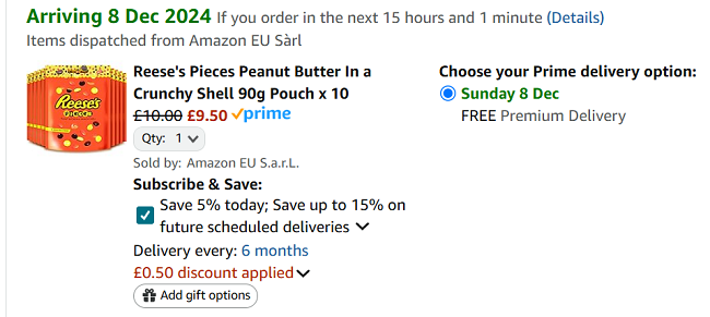 Screenshot showing Reese's Pieces Peanut Butter In a Crunchy Shell 90g Pouch x 10 for £9.50 at Amazon