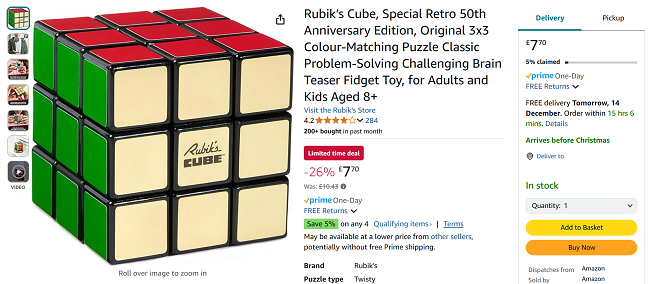 Screenshot showing Rubik’s Cube Special Retro 50th Anniversary Edition for £7.70 at Amazon