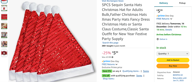 Screenshot showing Sequin Santa Christmas Hat 5 Pack for £5.99 at Amazon / BENPEN UK