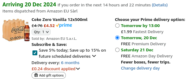 Coke Zero Vanilla 12x500ml £4.52 @ Amazon