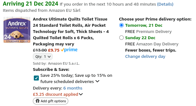 Andrex Supreme Quilts Quilted Toilet Paper 24 Pack £10.85 @ Amazon
