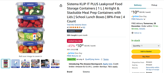Screenshot showing Sistema KLIP IT PLUS Leakproof Food Storage Containers 1L 4 Pack for £10 at Amazon
