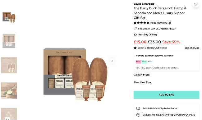 Screenshot showing Baylis & Harding The Fuzzy Duck Men's Luxury Slipper Gift Set for £15 at Debenhams