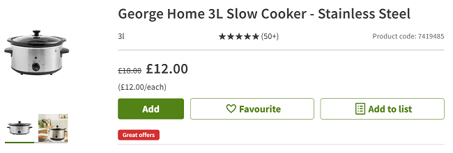 Screenshot showing 3L Stainless Steel Slow Cooker for £12 at Asda