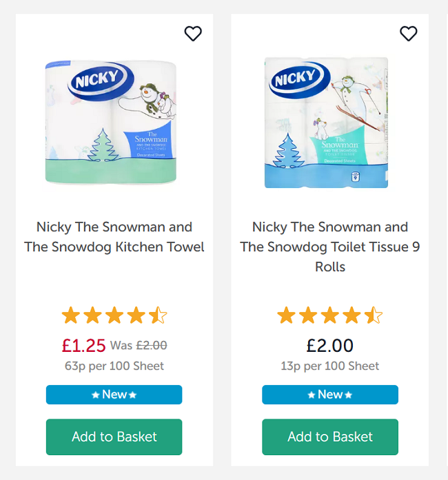 Screenshot showing Nicky The Snowman and The Snowdog Kitchen Towel for £1.25 at Iceland