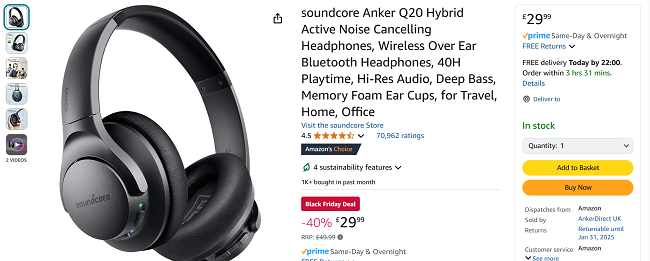 Screenshot showing Soundcore Anker Q20 Hybrid Active Noise Cancelling Headphones for £29.99 at Amazon / AnkerDirect UK