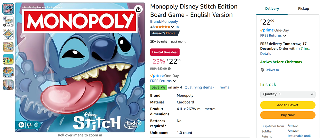 Screenshot showing Monopoly Disney Stitch Edition Board Game for £22.99 at Amazon