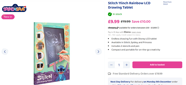 Screenshot showing Disney Stitch 11 inch Rainbow LCD Drawing Tablet for £9.99 at Bargain Max