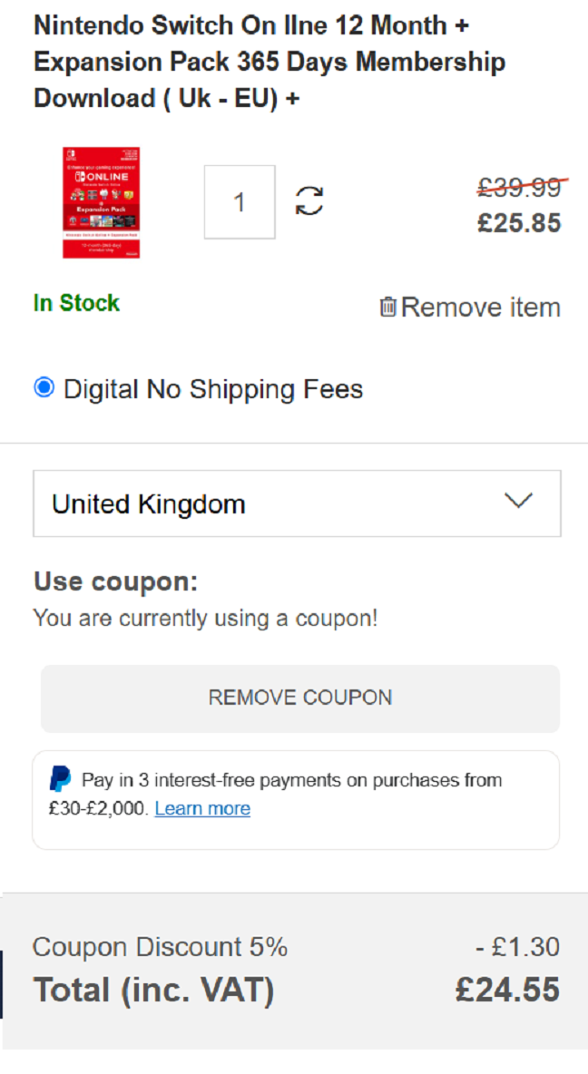 Screenshot showing Nintendo Switch Online 12 Month Membership Plus Expansion Pack for £24.55 with code at ShopTo