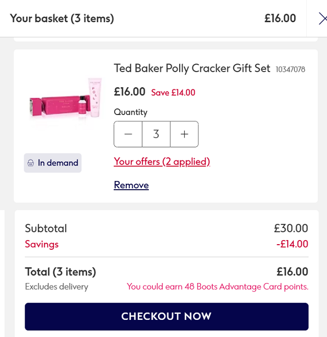 Screenshot showing Ted Baker Polly Cracker Gift Set 3 for £16 at Boots