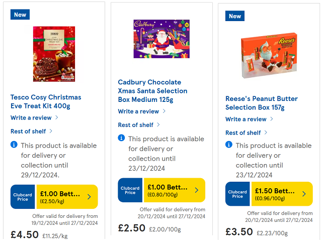 Screenshot showing Christmas chocolates at Tesco