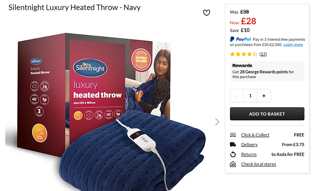 Screenshot showing Silentnight Luxury Heated Throw in Navy for £28 at Asda George