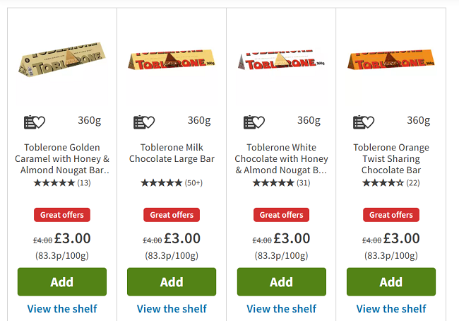 Screenshot showing Toblerone Chocolate Large Bar 360g for £3 each at Asda