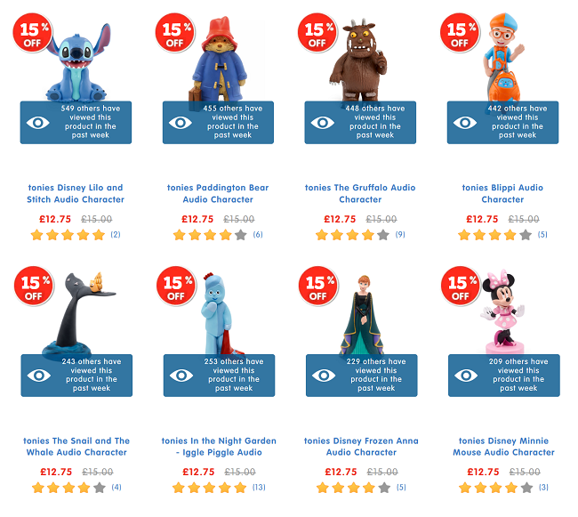 Screenshot showing 15% Off Selected Tonies Characters at The Entertainer