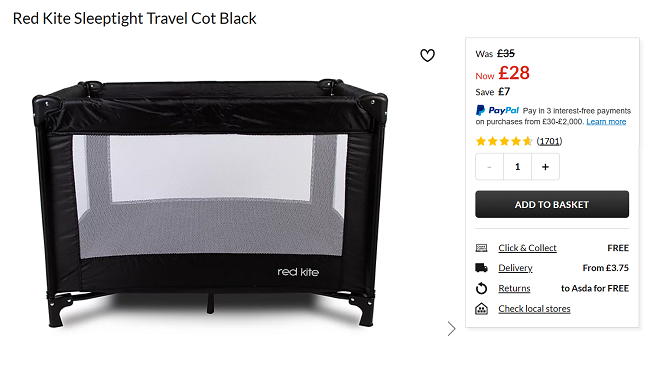 Screenshot showing Red Kite Sleeptight Travel Cot Black for £28 at Asda George