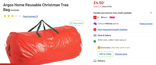 Screenshot showing Argos Home Reusable Christmas Tree Bag for £4.50 at Argos