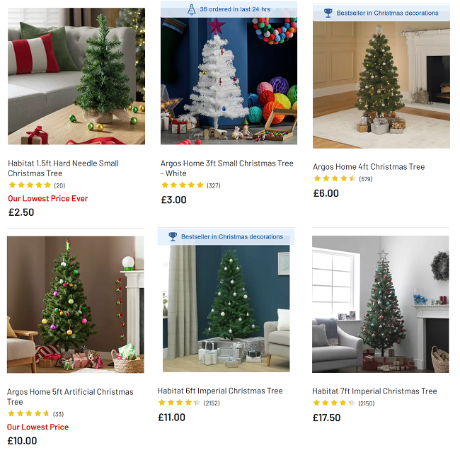 Screenshot showing Christmas Trees at Argos