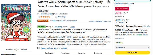 Screenshot showing Where's Wally? Santa Spectacular Sticker Activity Book for £3.20 at Amazon