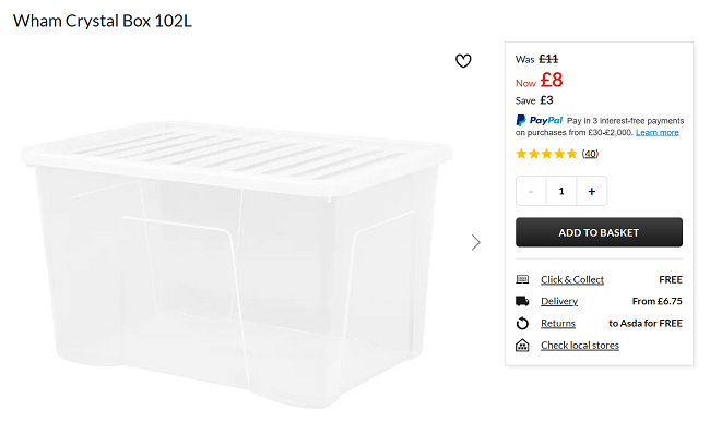 Screenshot showing Wham Crystal Box 102L for £8 at Asda George