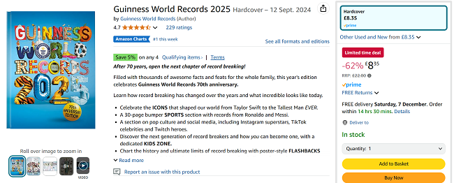 Screenshot showing Guinness World Records 2025 for £8.35 at Amazon