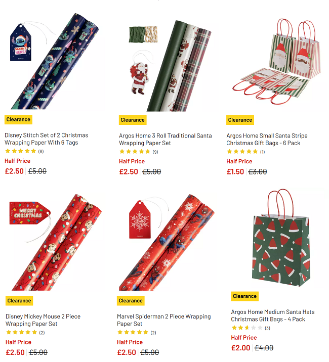 Screenshot showing Christmas wrapping clearance items at Argos