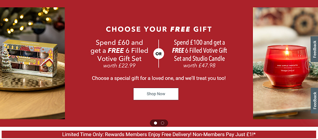 Screenshot showing free delivery and free gift offers from Yankee Candle