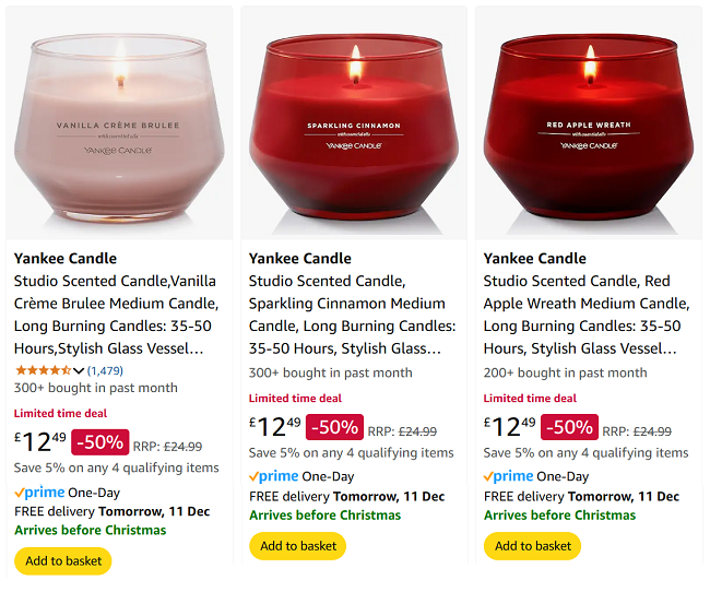 Screenshot showing half price Yankee Candles at Amazon