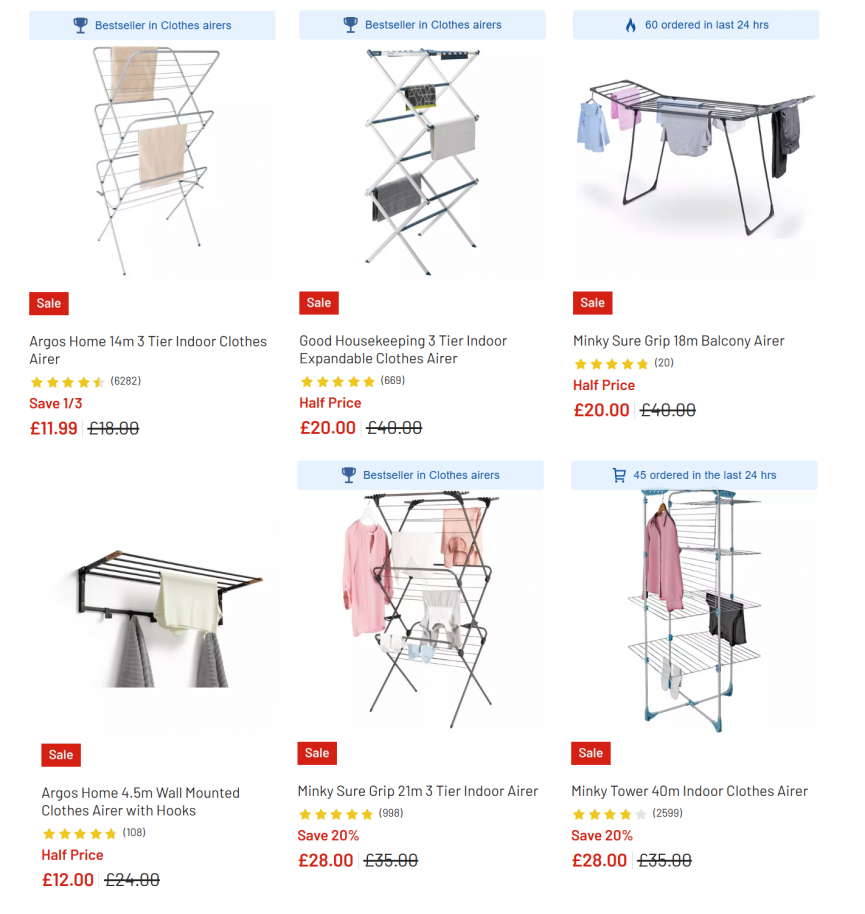 Screenshot showing reduced clothes airers @atArgos