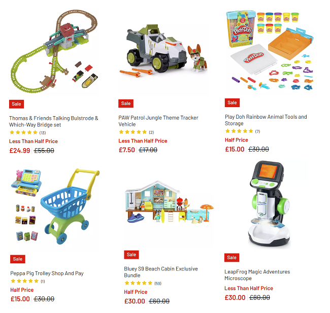 Screenshot showing toys sale at Argos