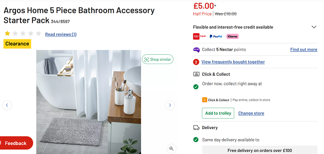 Screenshot showing Argos Home 5 Piece Bathroom Accessory Starter Pack for £5 at Argos