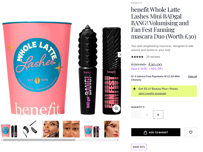 Screenshot showing Benefit Whole Latte Lashes Mini BADgal BANG! Volumising and Fan Fest Fanning mascara Duo for £10 at Look Fantastic