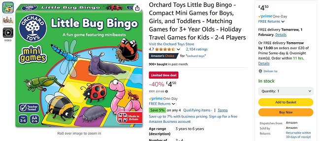 Screenshot showing Orchard Toys Little Bug Bingo Mini Games for £4.50 at Amazon