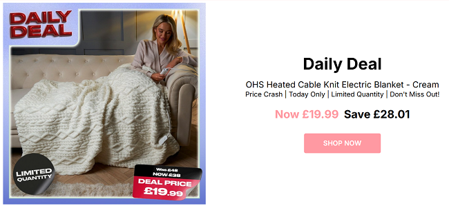 Screenshot showing OHS Heated Cable Knit Electric Blanket Cream for £19.99 at Online Home Shop
