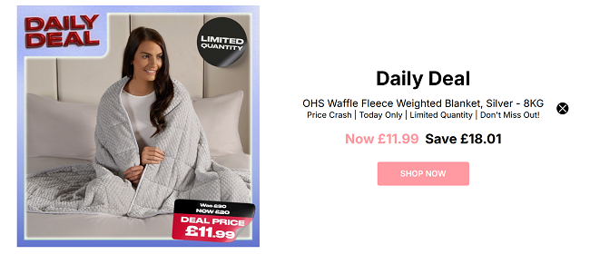 Screenshot showing OHS Waffle Fleece Weighted Blanket Silver 8KG for £11.99 at Online Home Shop
