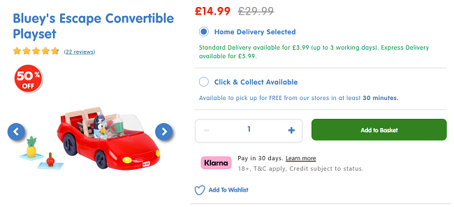 Screenshot showing Bluey's Escape Convertible Playset for £14.99 at The Entertainer