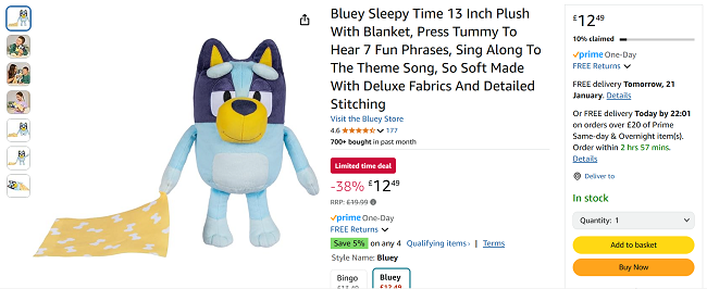 Screenshot showing Bluey Sleepy Time Sound Effects Plush for £12.49 at Amazon