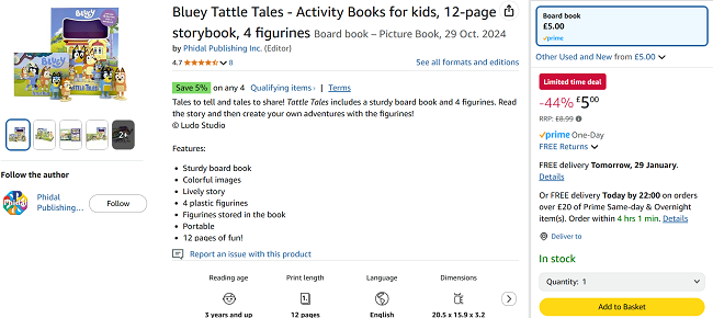 Screenshot showing Bluey Tattle Tales Book & Figurines Set for £5 at Amazon