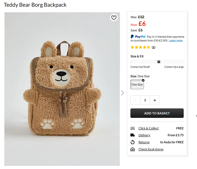 Screenshot showing Teddy Bear Borg Backpack for £6 at Asda George
