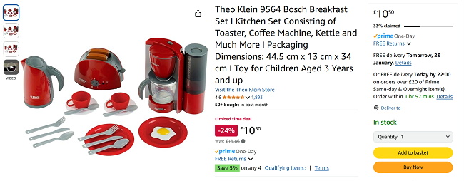 Screenshot showing Theo Klein Bosch Breakfast Set for £10.50 at Amazon
