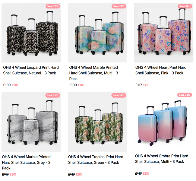 Screenshot showing Hard Shell Suitcase 3 Packs for £80 each at Online Home Shop