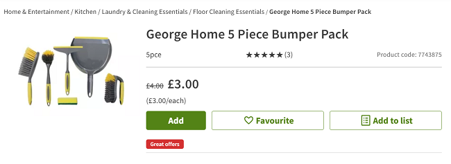 Screenshot showing George Home 5 Piece Cleaning Bumper Pack for £3 at Asda 